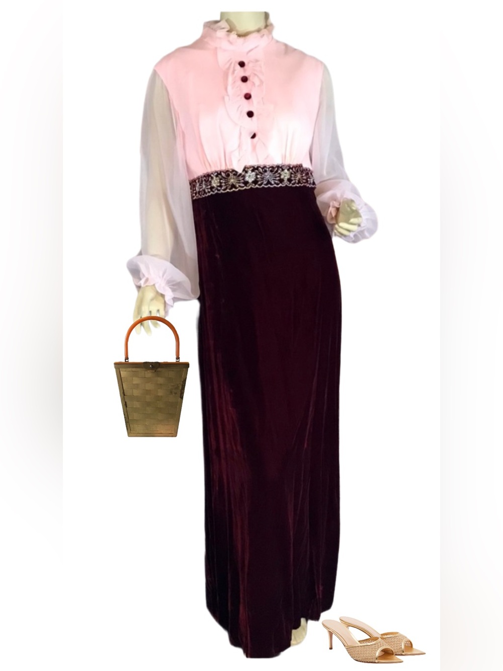 VINTAGE CIRCA 1960'S/70'S VELVET & CHIFFON EDWARDIAN-LOOK PINK MAXI DRESS (M)